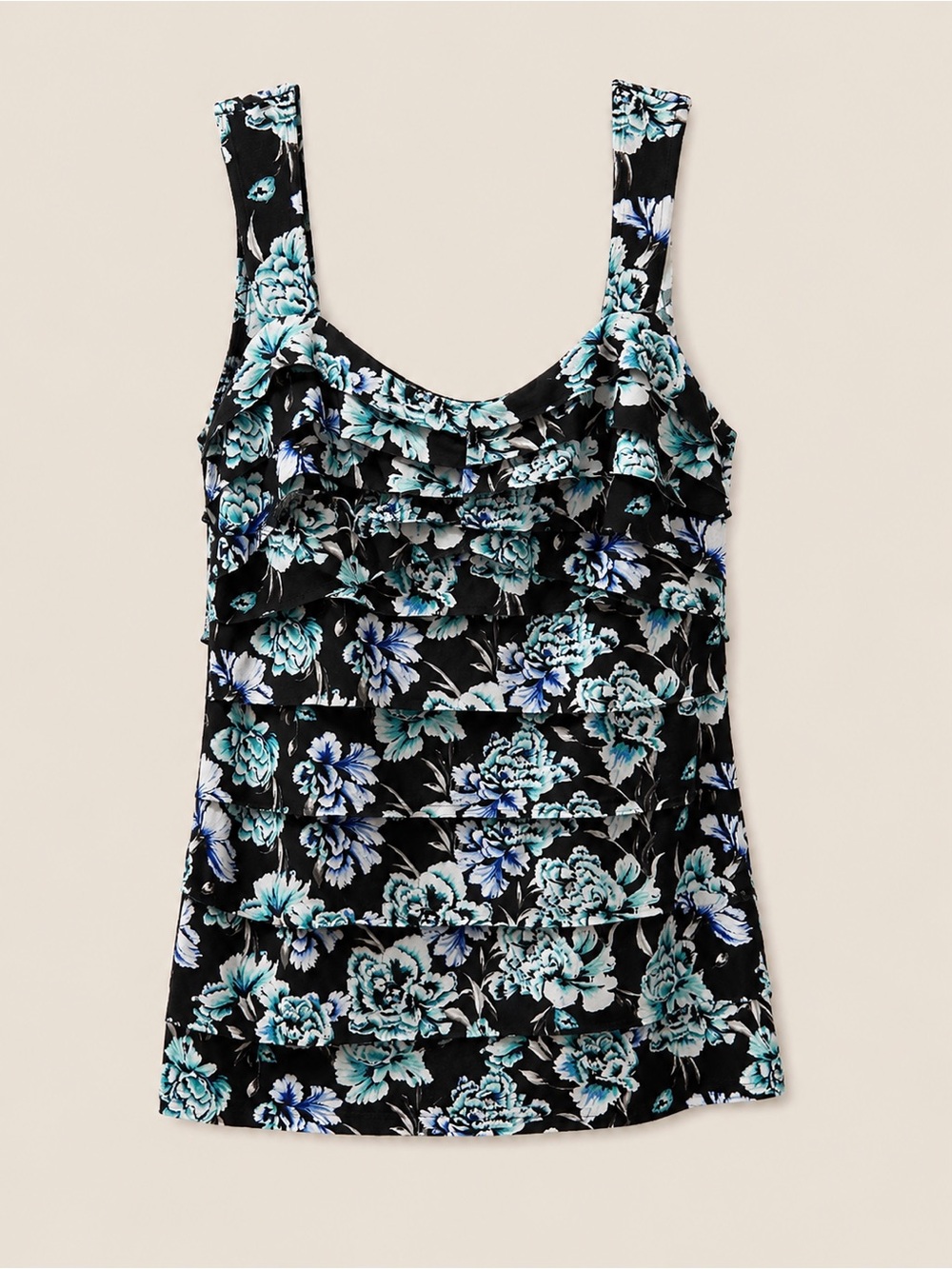 White House Black Market Black Top with Teal and Blue Floral Print